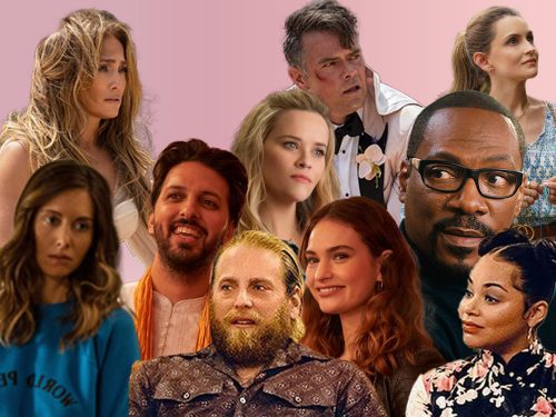 A collage of characters from romcoms
