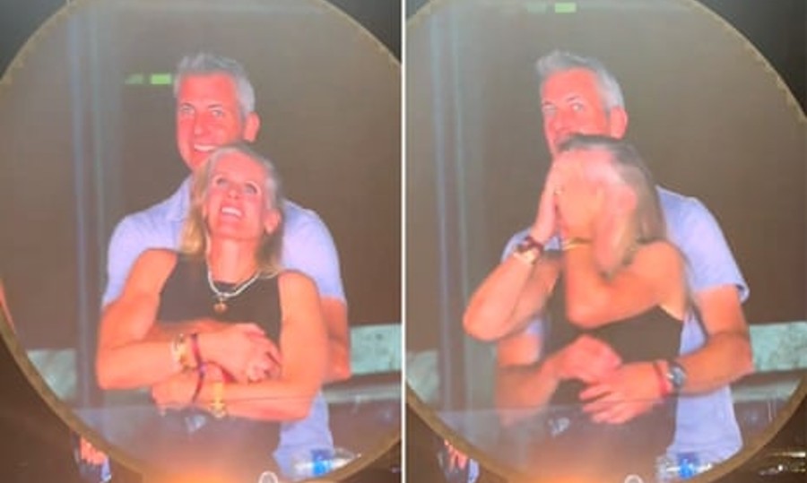 (L) An affectionate, smiling couple; (R) the same couple awkwardly breaking apart