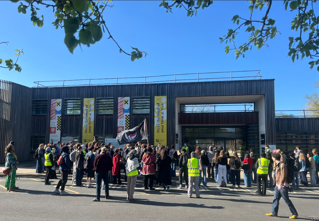 protestors outside the university of york student union building