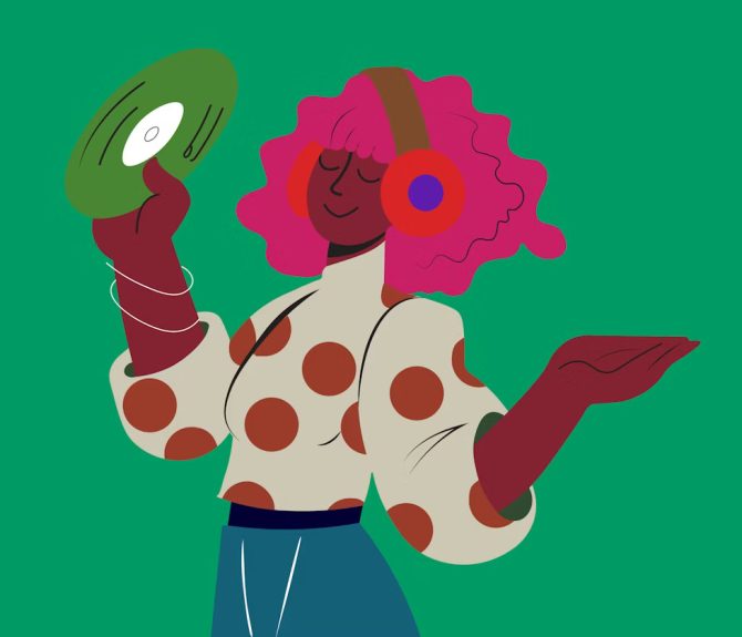 An illustration of a woman holding a green vinyl and wearing headphones